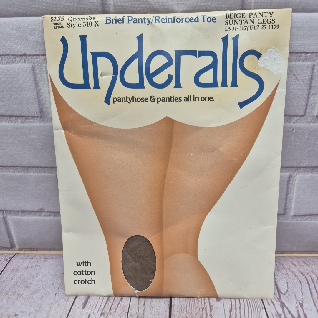 Vtg Pair UNDERALLS Nylon Pantyhose QUEEN Size NOS Style 310X Suntan Made in USA
