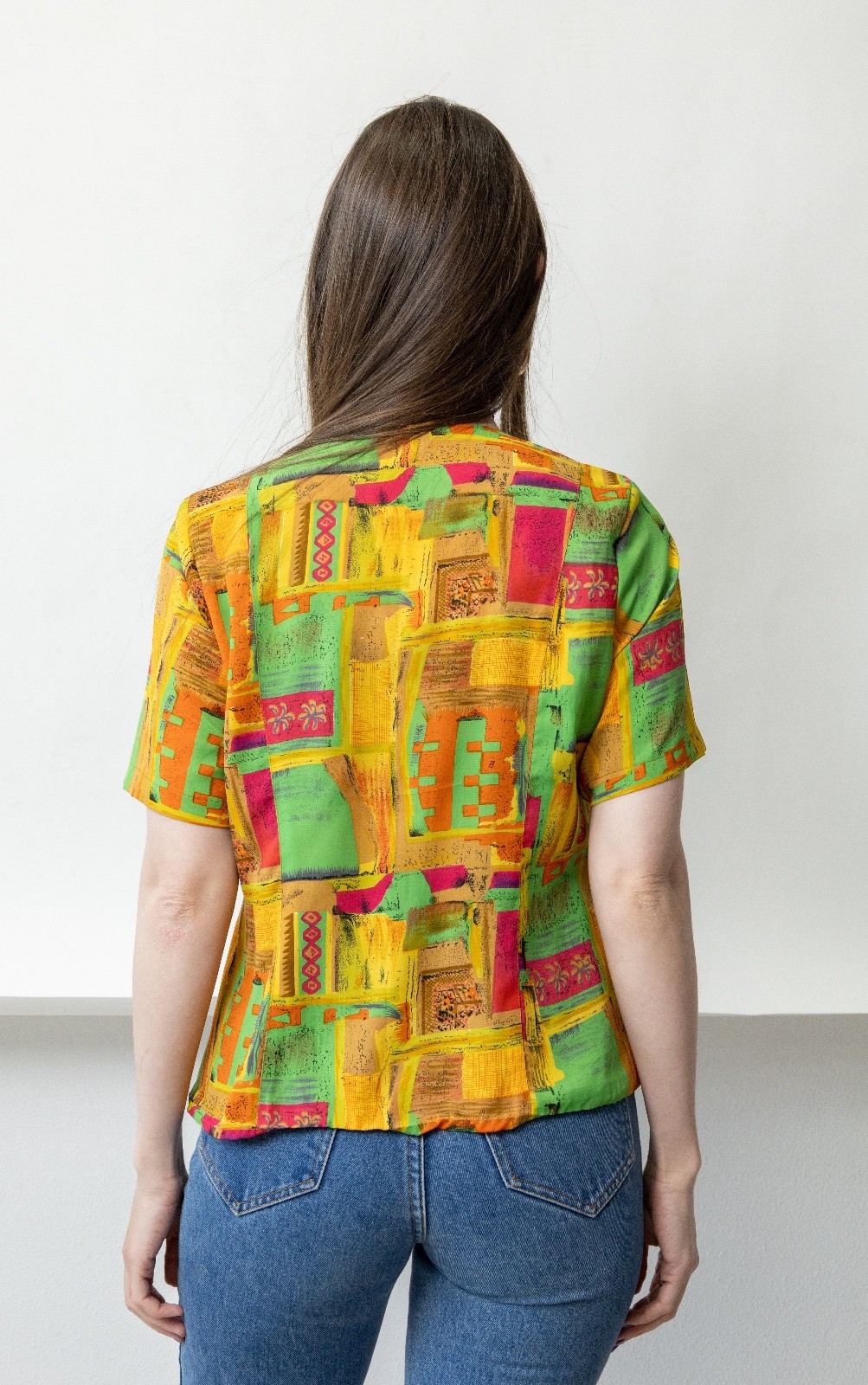 Vintage 90s Abstract Art Print Blouse Green Orange Pink Yellow Maximalist Sz M