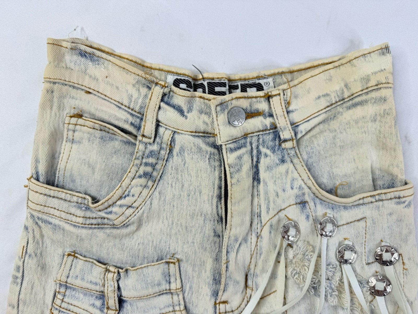 Vintage 90s Acid Stonewashed Jeans Speed Denim Sz 3/4 Frayed Patch Stretch 80s
