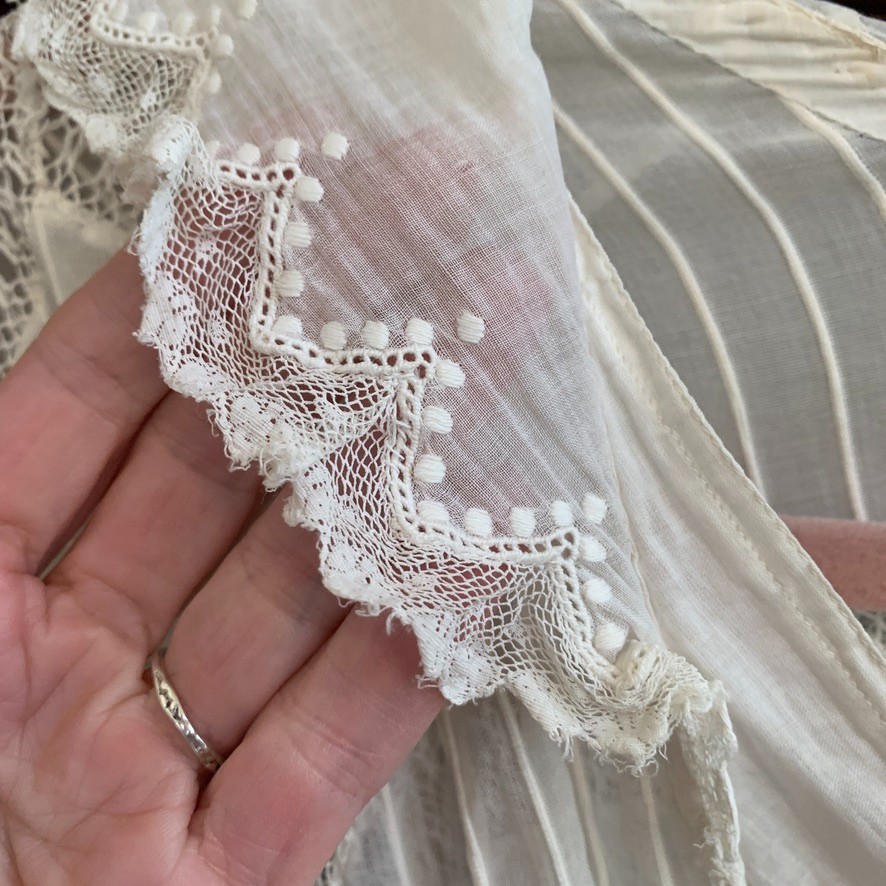 Antique Edwardian White Cotton Dress XXS Crochet Lace Lawn Tea Victorian Sheer