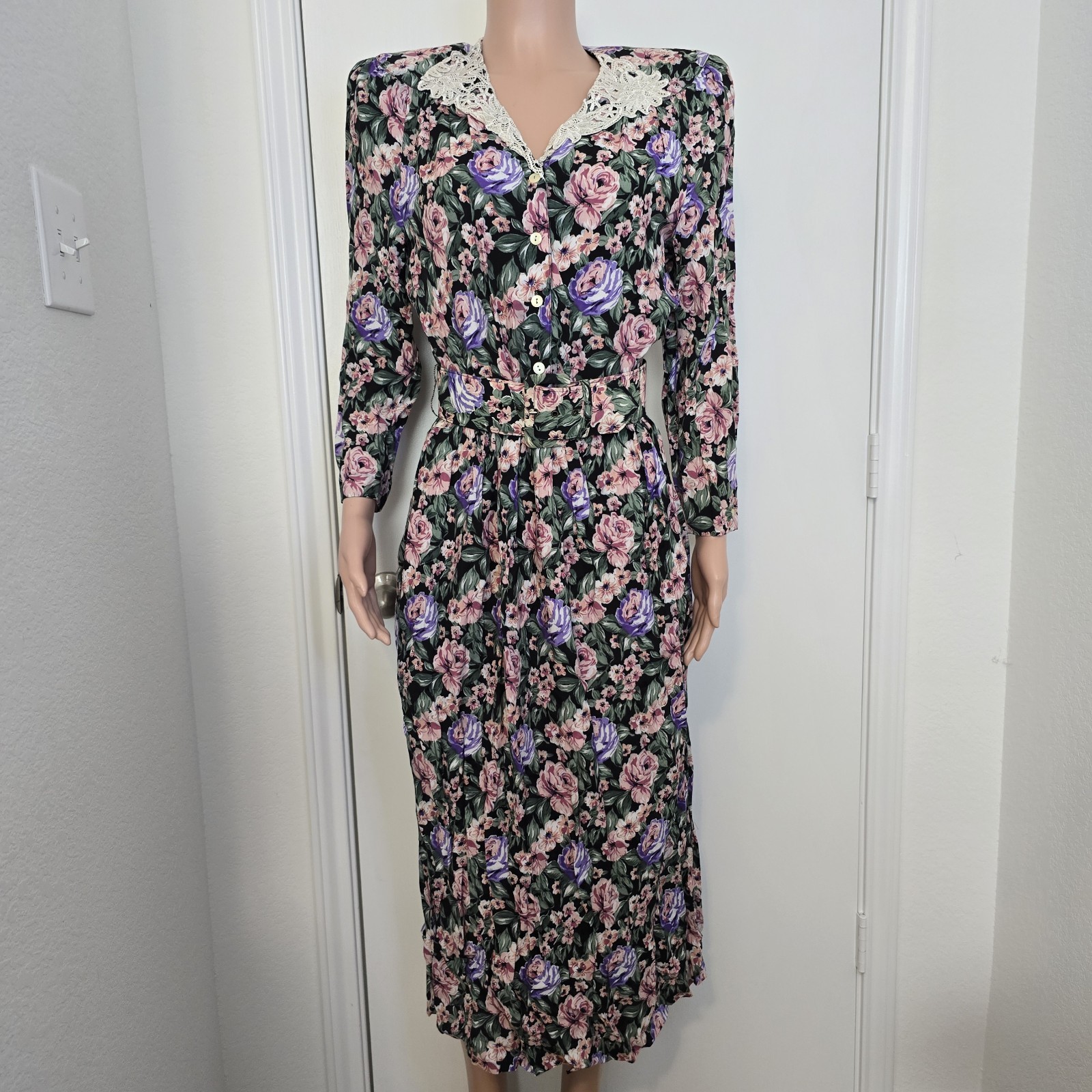 VTG 80s Rose Floral Dress Lace Collar Belted Tea Dress Cottagecore Sz 7/8