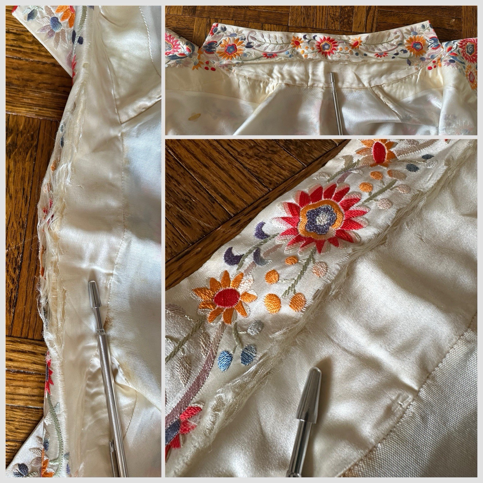 1920s 30s Silk Embroidered Export Piano Shawl Jacket Moth Floral Peking Knot VTG