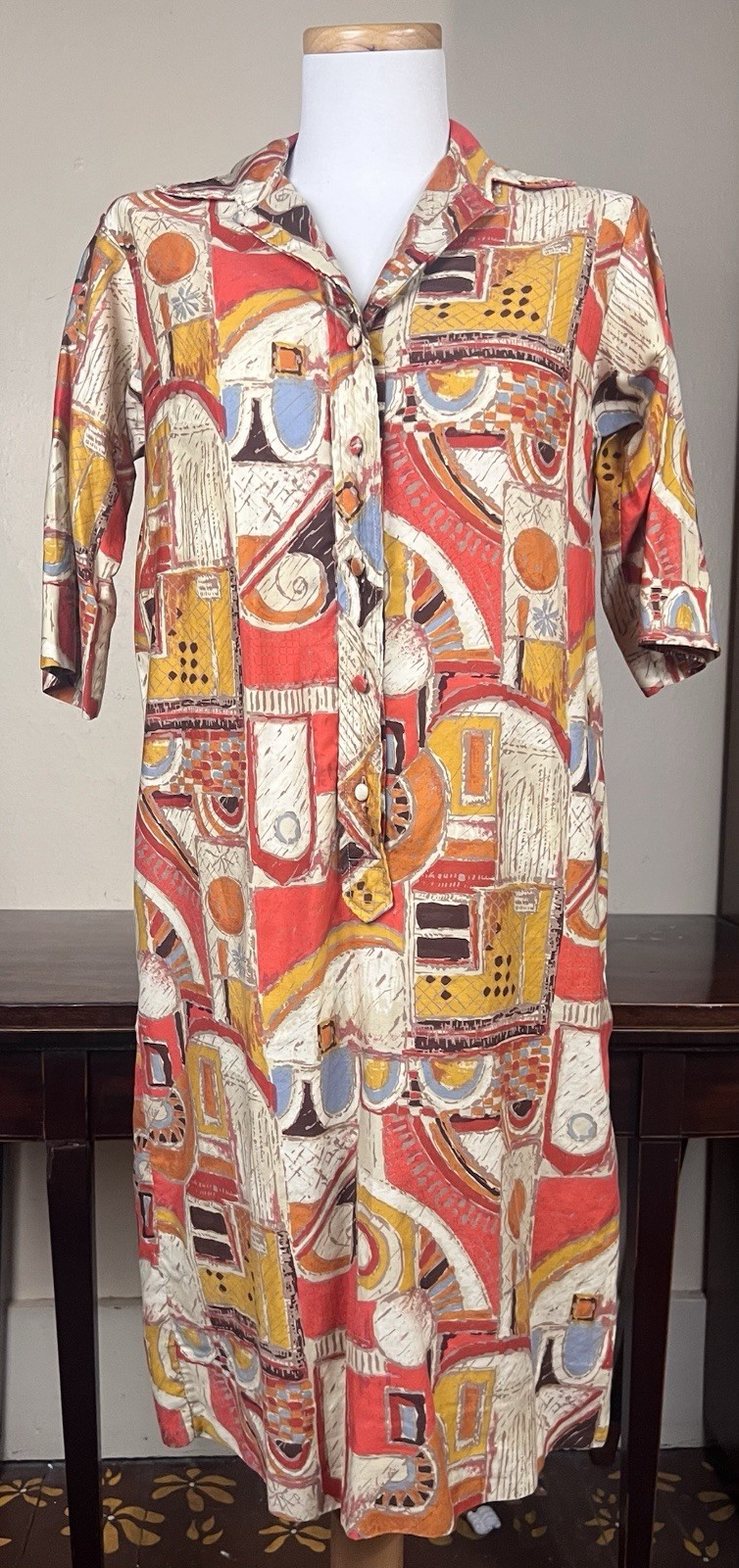 VTG 60&rsquo;s 70&rsquo;s Lightweight Shirt Dress 13/14 Button Down Knee Length Maximalist