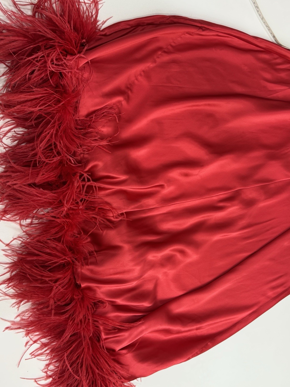 Vtg Jacalyn Bennett Fredericks Silky Red Satin Boudoir Gown Feather Trim S/M