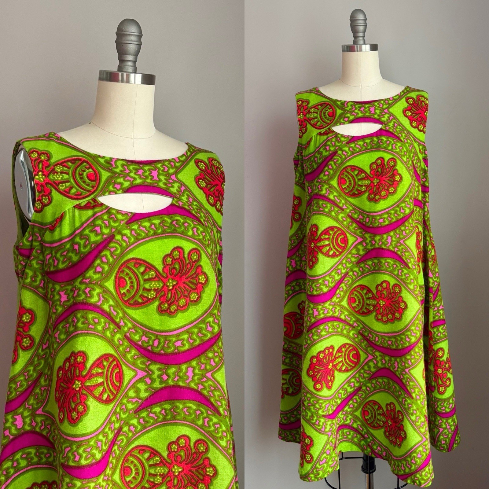 Vintage 1960’s Mod Lime Green & Hot Pink Groovy Print Shift Sun Dress S/M