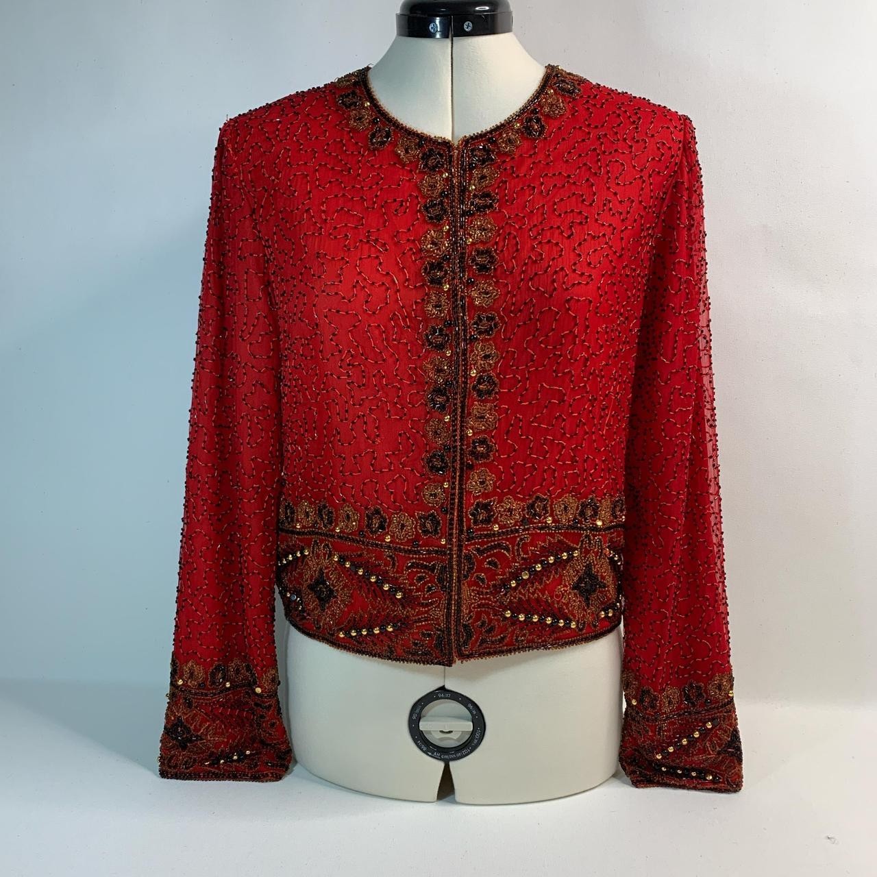 Laurence Kazar Vintage Red Beaded Silk Jacket – 1980s Elegant Eveningwear Statem