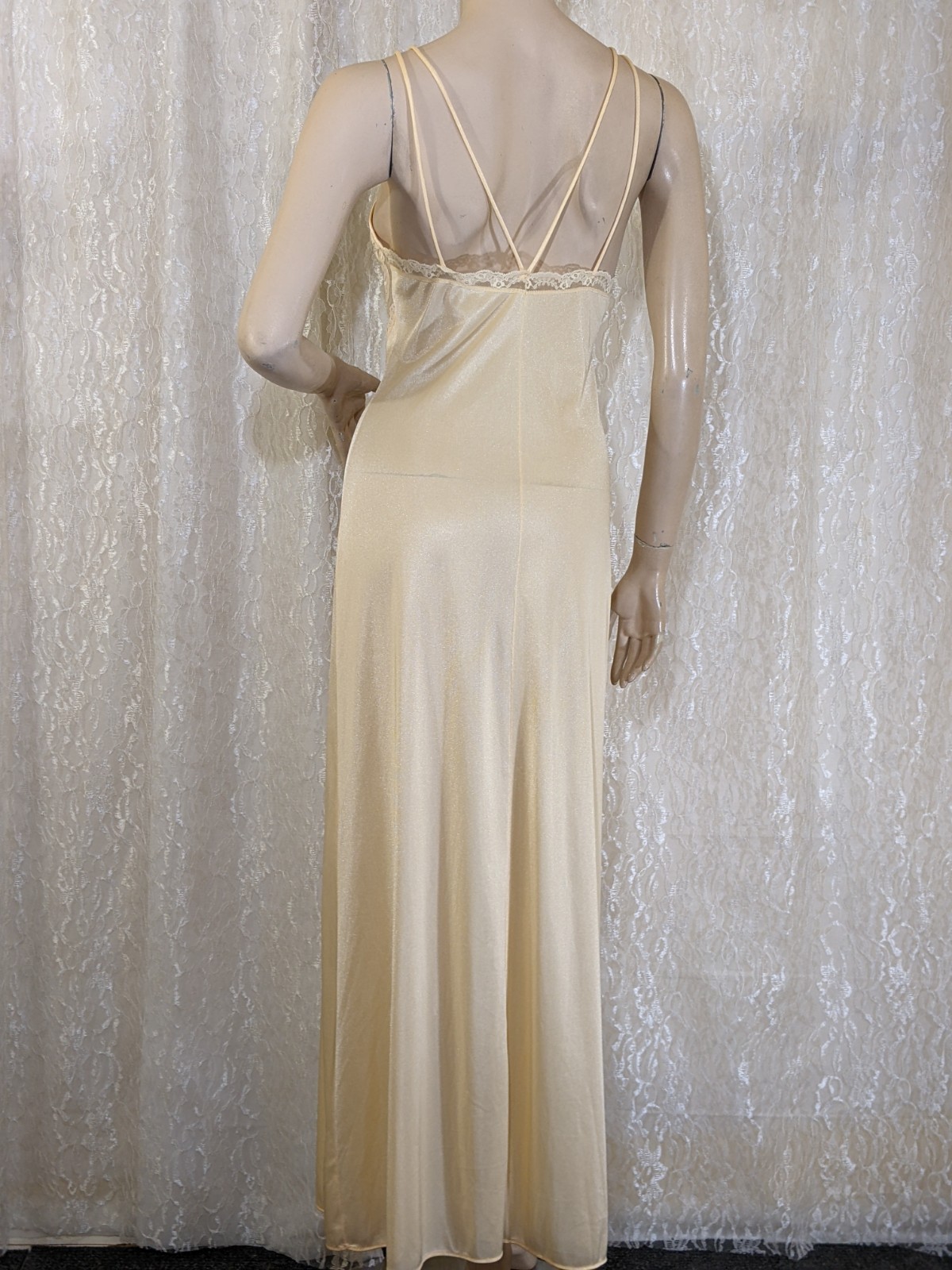VTG Sparkling Nylon Double Straps Lace Lingerie Slit Open Slip Dress Nightgown S