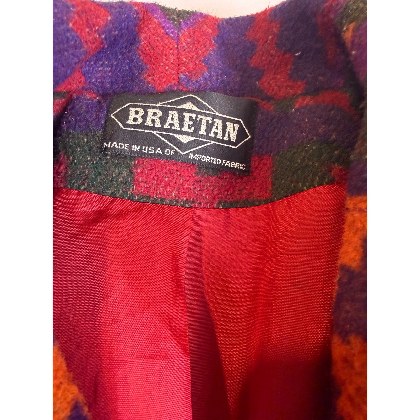 Braetan Vtg Southwestern Geometric Wool Blend Coat Purple Orange Toggle Sz Med