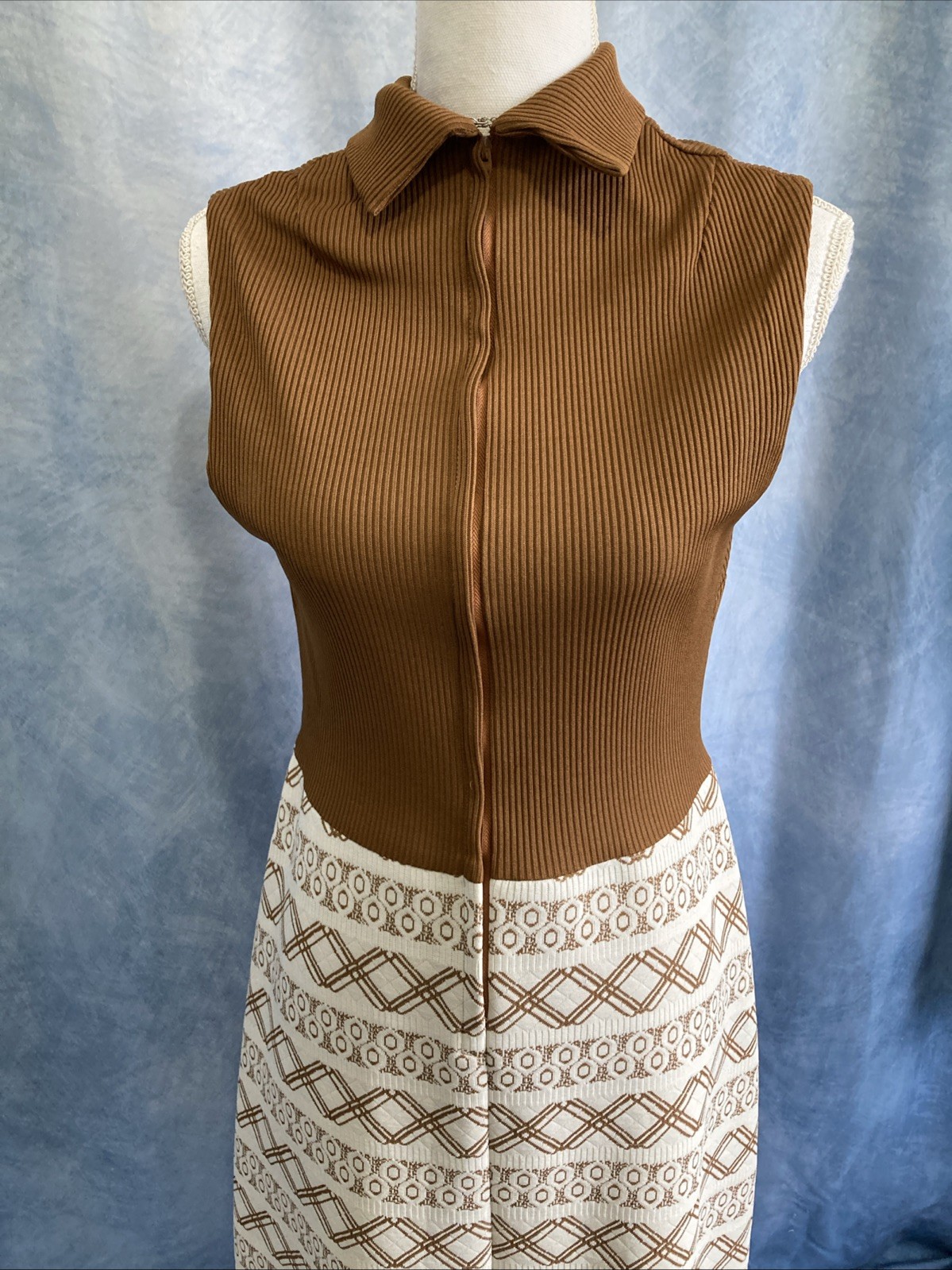 Vtg 70s Mod Geometric Dress & Jacket Set Brown Tan MCM Shift Suit Nemo Zip EUC