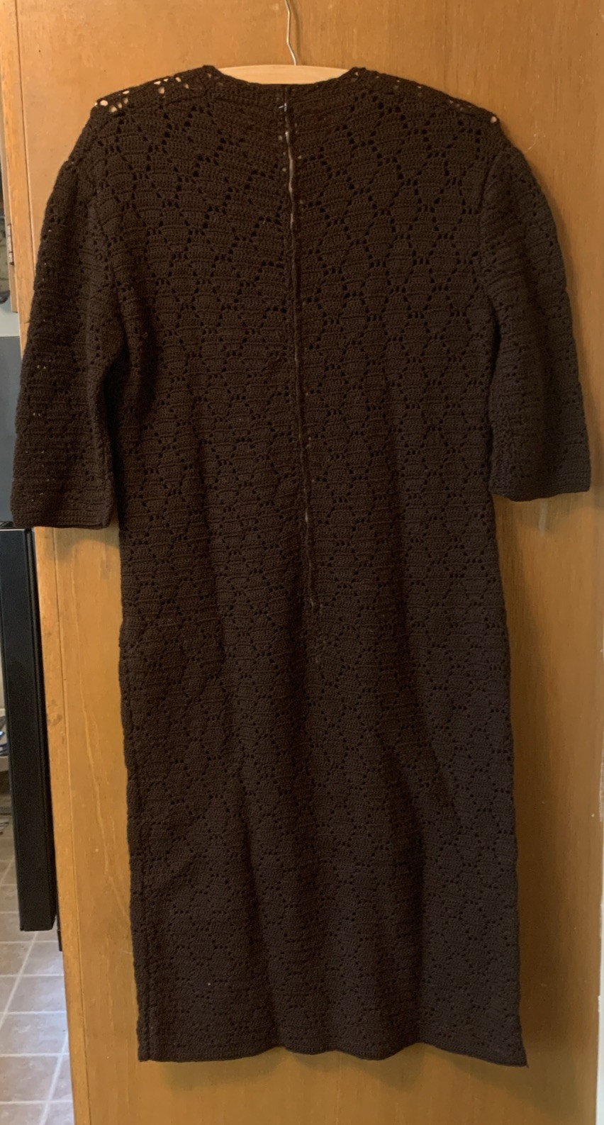 Vintage Handmade crochet Brown Wool dress With Zip Up Back. 1950’s Knee Legnth