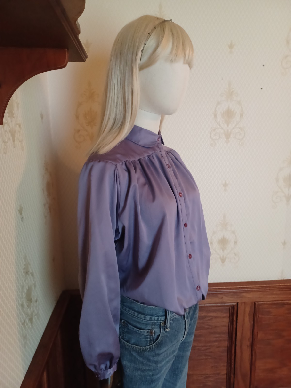 Vintage 1970s Fritzi San Francisco Purple Silky Doll Collar Puff Sleeve Blouse