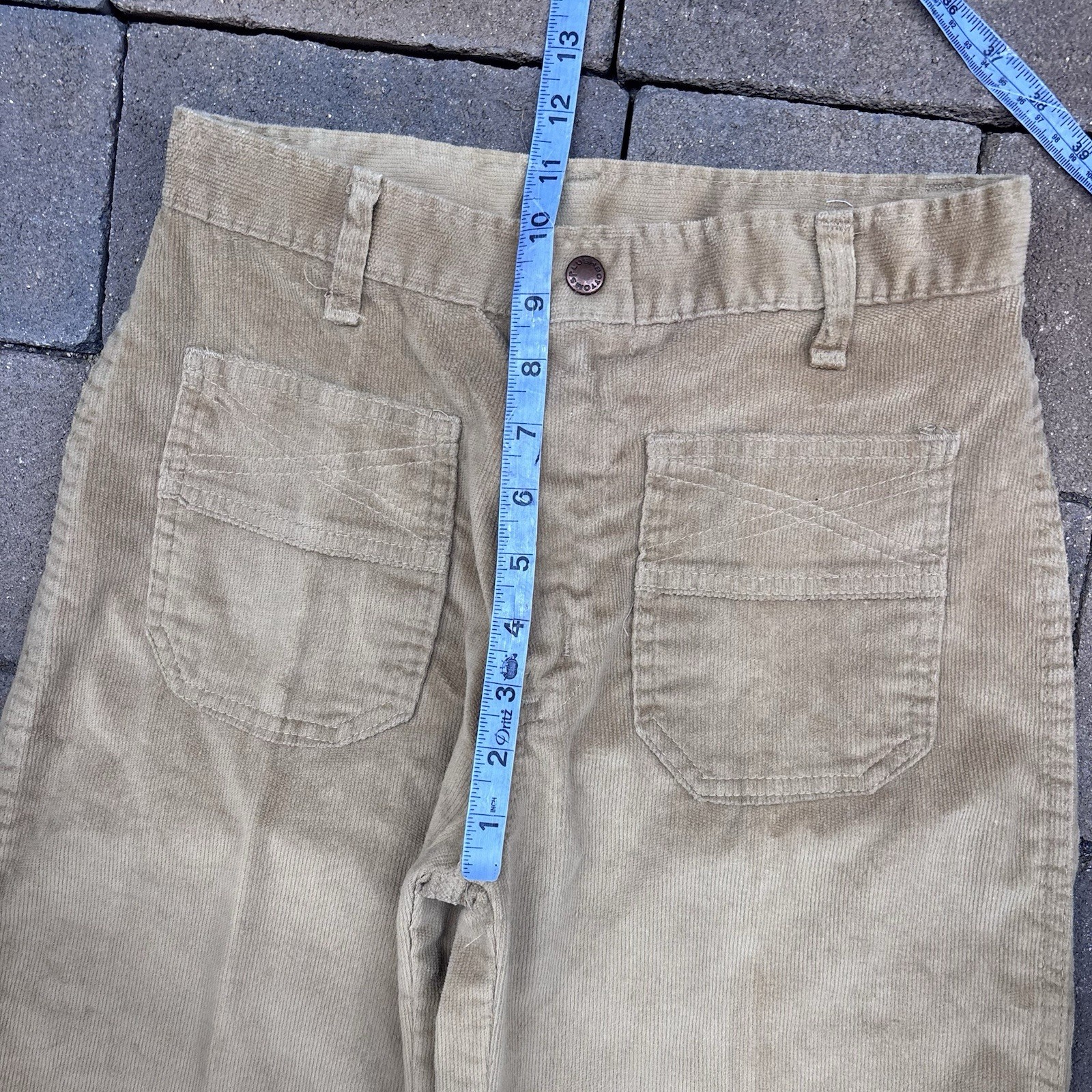 VTG Plush Bottoms Bell Bottom Snap Fly Pants Boho Hippy 27×31 Khaki Twill 70s