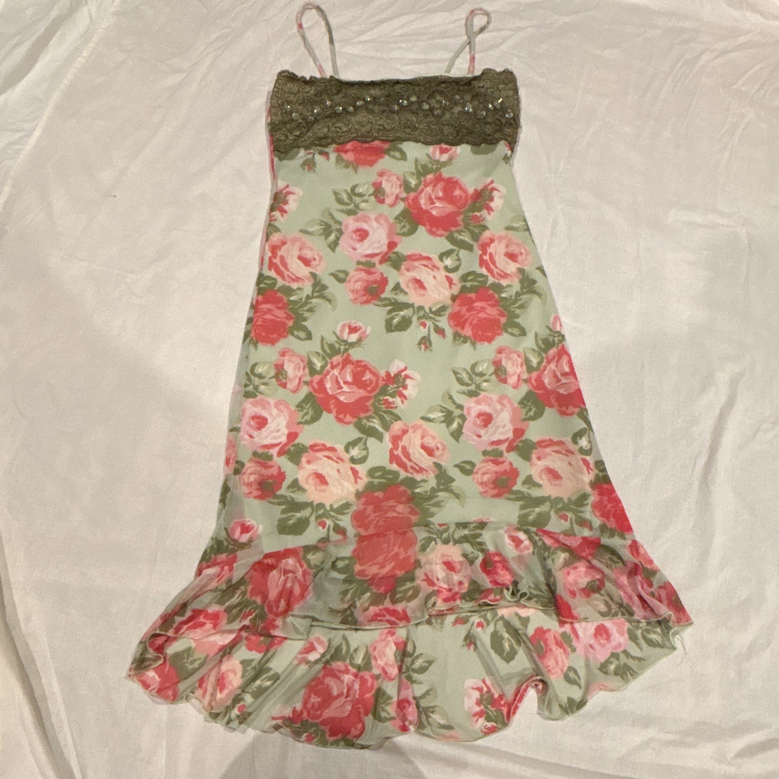 Vintage Vanity Women’s Floral Gown Sequined Lace, Spaghetti Straps Size L