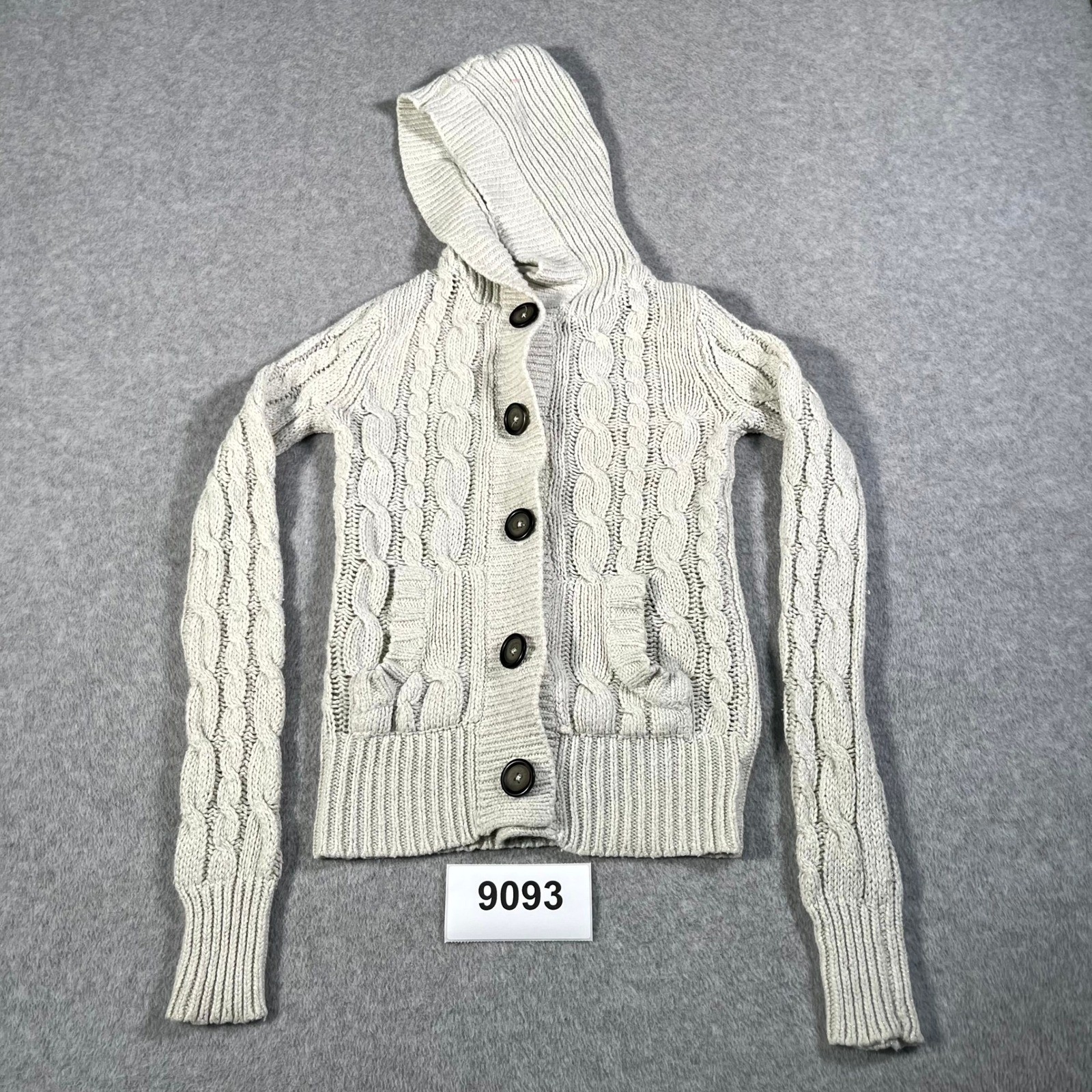 VTG Aeropostale Sweater Womens Small Beige Ramie Cable Knit Hooded Button Front
