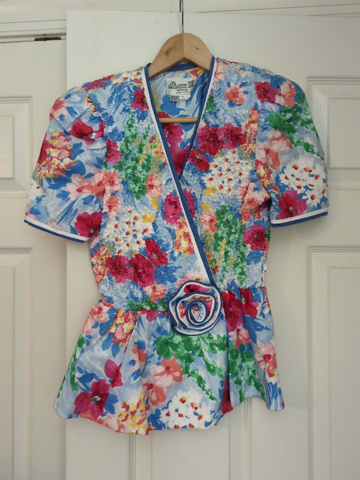 Vintage 1980&rsquo;s Womens Floral Puff Sleeve Peplum Top Size 6