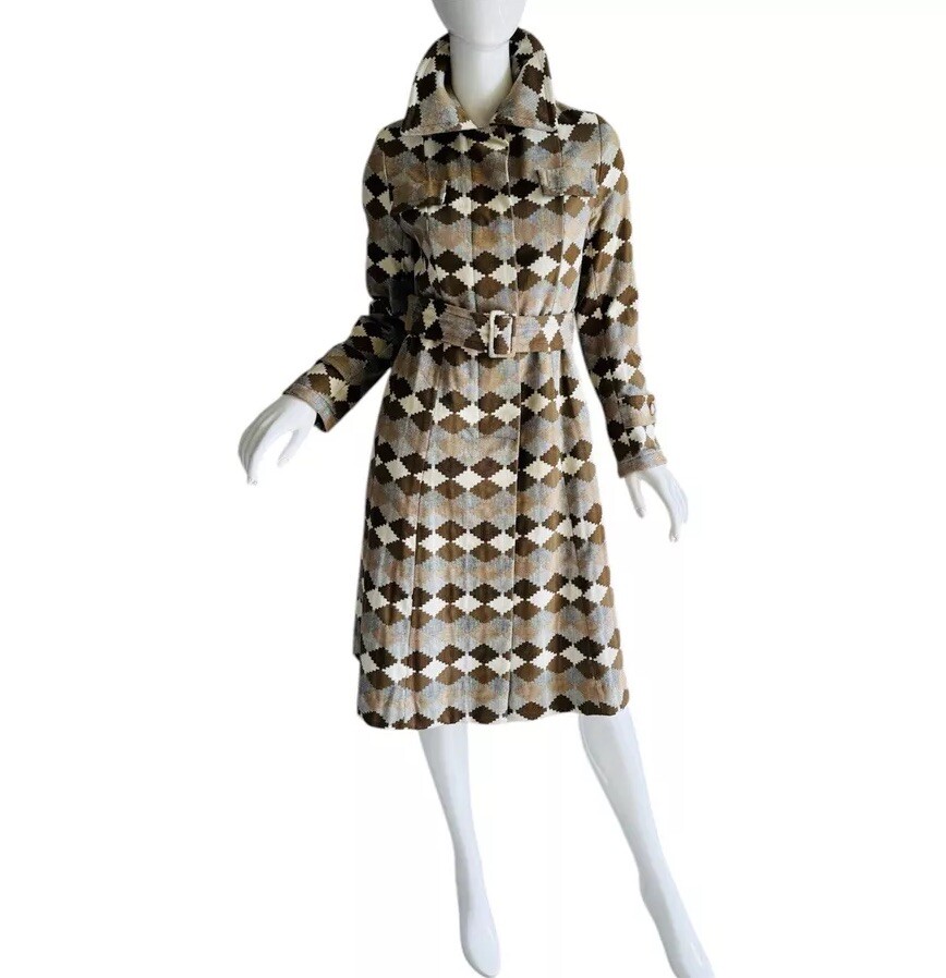 1960s Vintage Mod Geometric Trench Coat Mainstreet Belted Tapestry Jacket