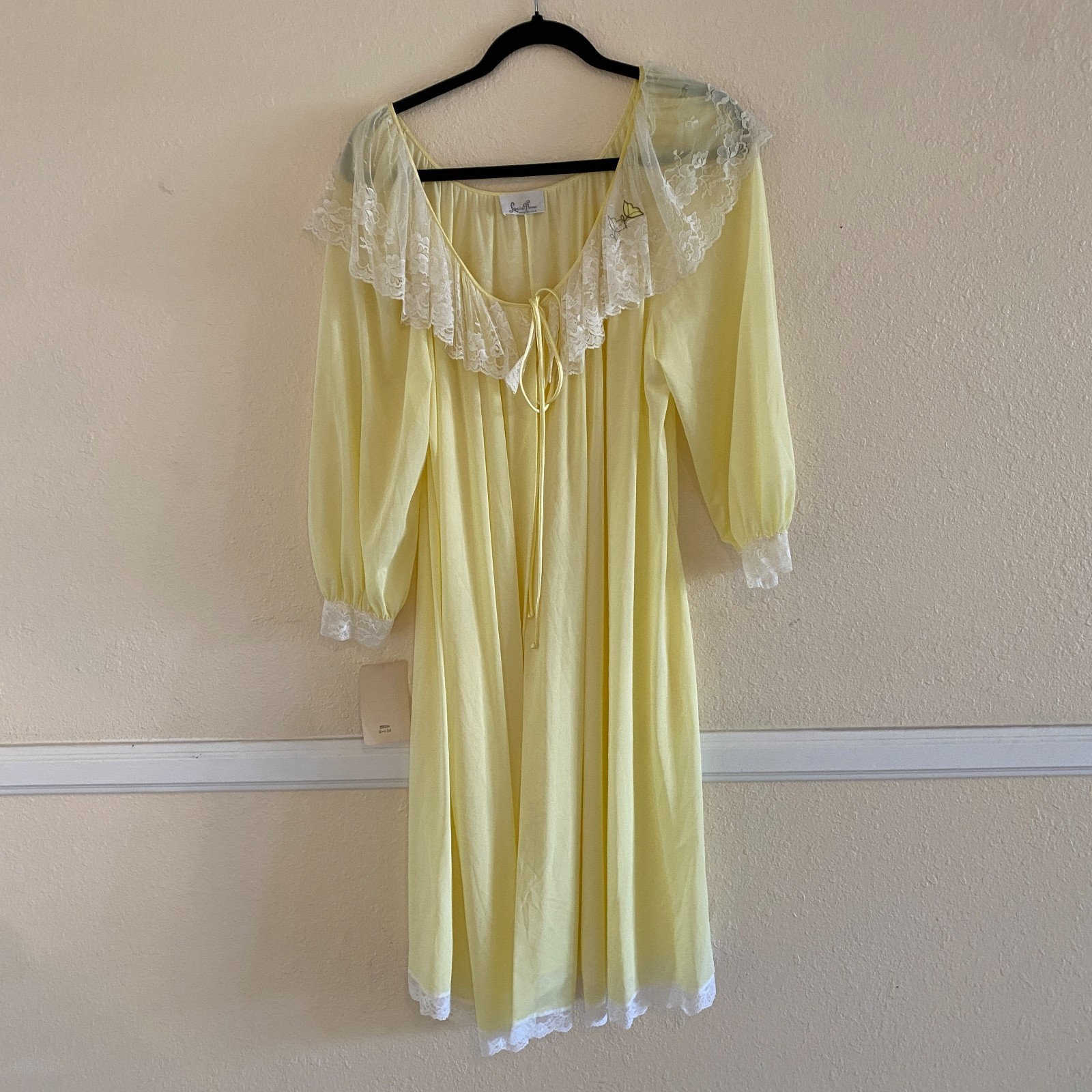 Vintage 90s Lucie Ann Buttercup Yellow Nylon Tulip & Lace Midi Robe, Med