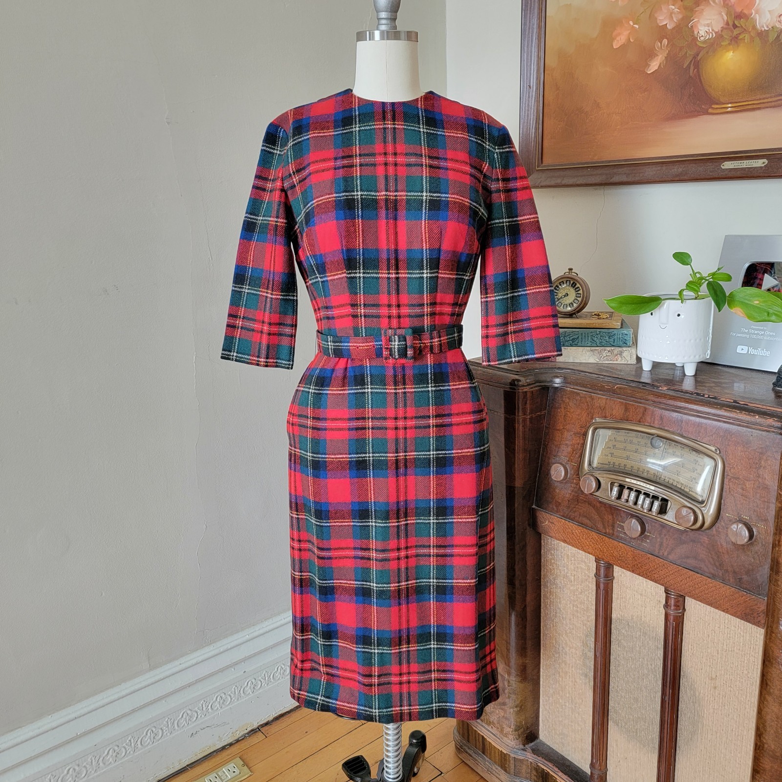Vintage Pendleton Wool Red Plaid Wiggle Belted Dress 1950s 1960s Small USA