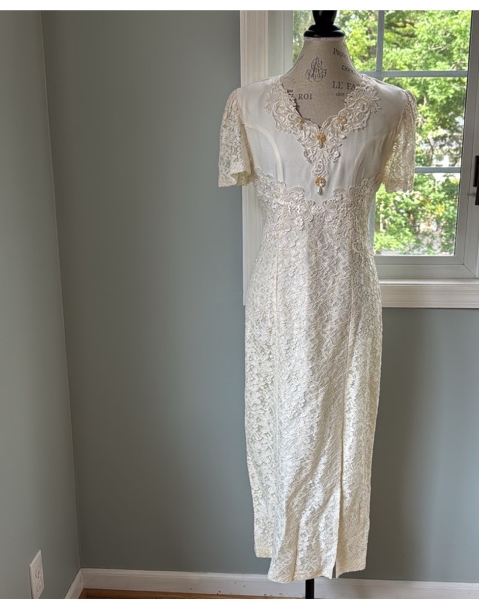 Vintage ANNA Ivory Long Lace Wedding Occasion Cocktail Dress Size Small