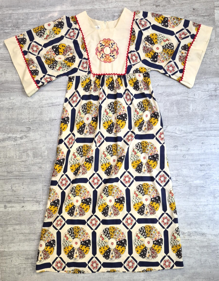 Vintage 60s JCPenney Hippy Patchwork Print Kaftan Maxi Dress Kimono Sleeve – S