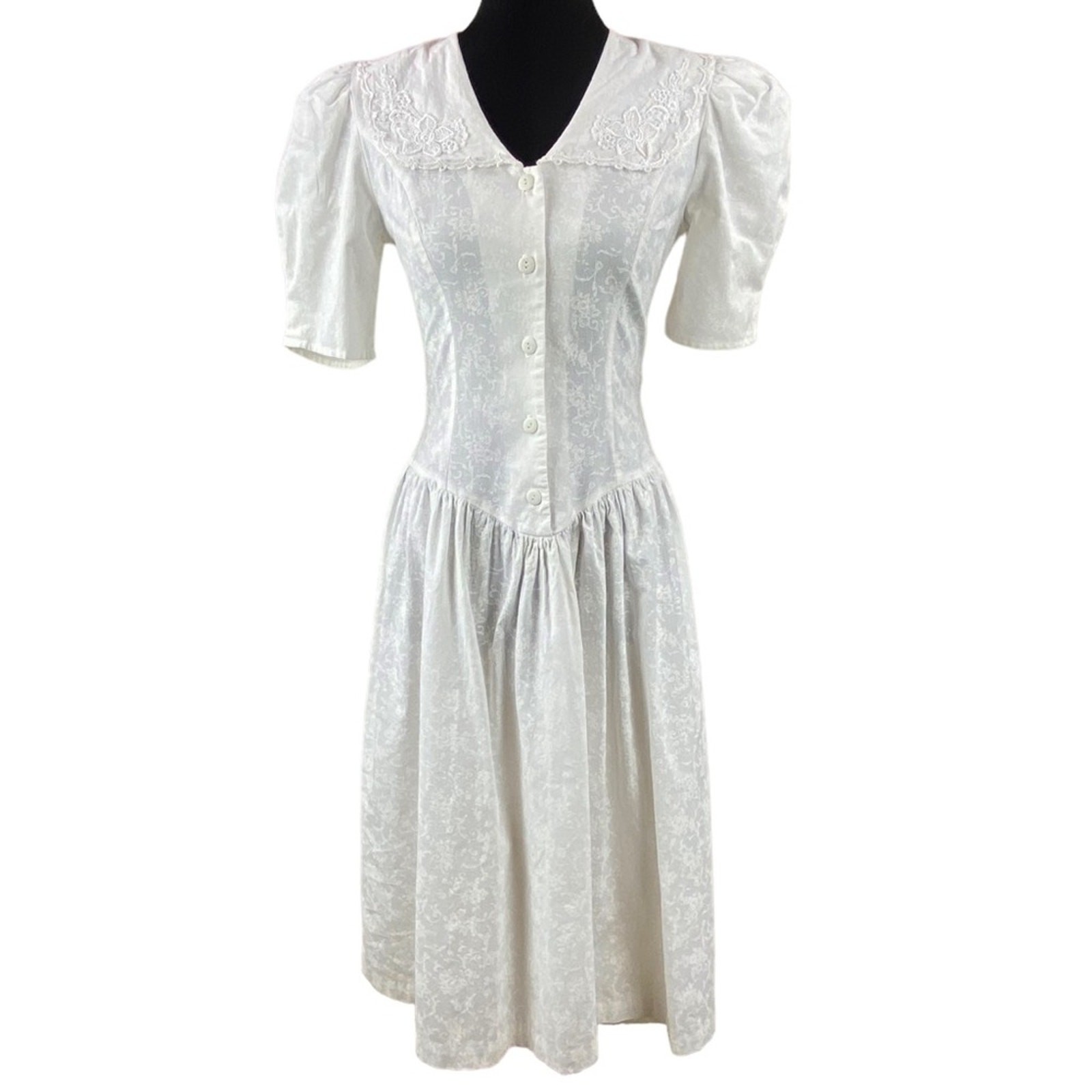 Vintage 80s Short Sleeve Midi Dress Off White Approx Size 4 Floral Lace