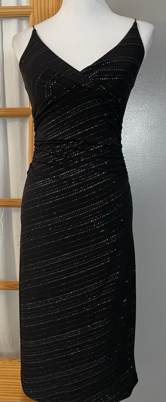 Vtg 70s Bodycon Midi Slip Dress M Metallic Black Ruched Cocktail Formal Club USA