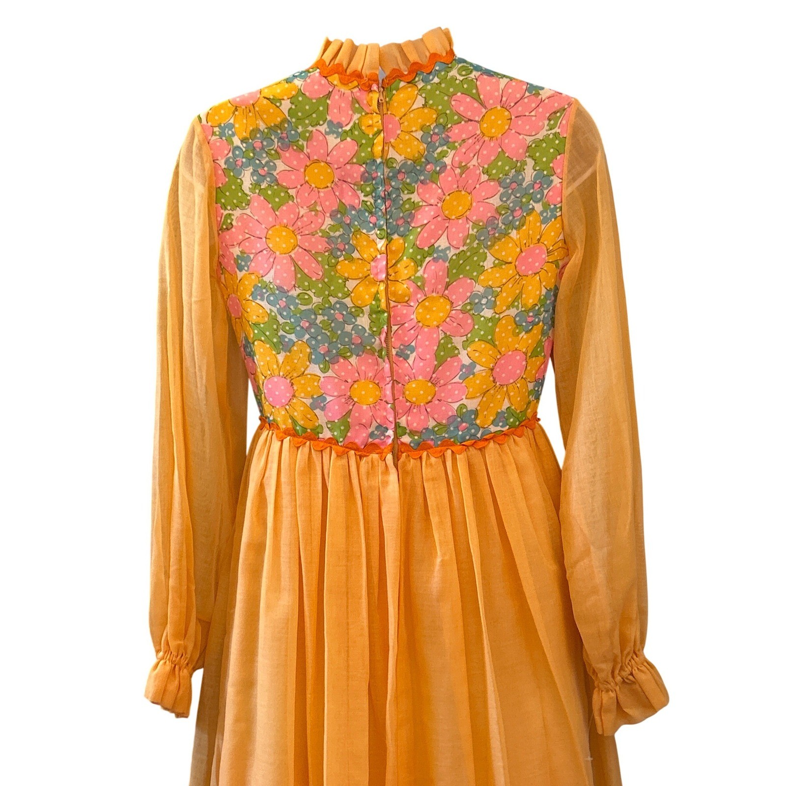 Vintage 70s Prairie Maxi Dress Orange Floral Yoke ILGWU Cottagecore Boho Groovy