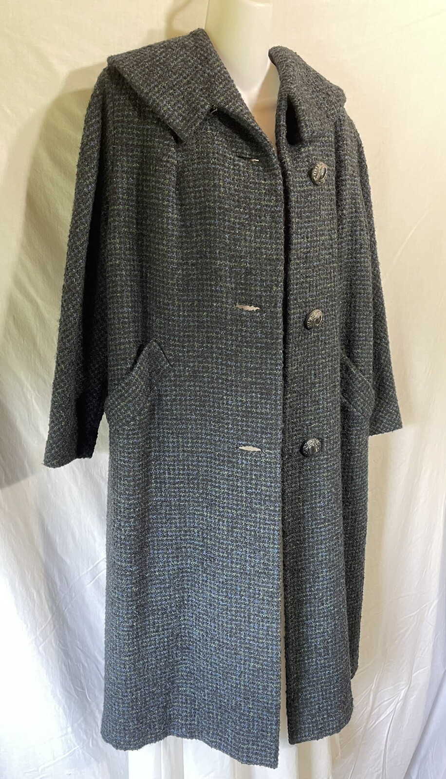Vintage Coat Size Medium Large Long Wool Black Blue Green Gingham Overcoat M L