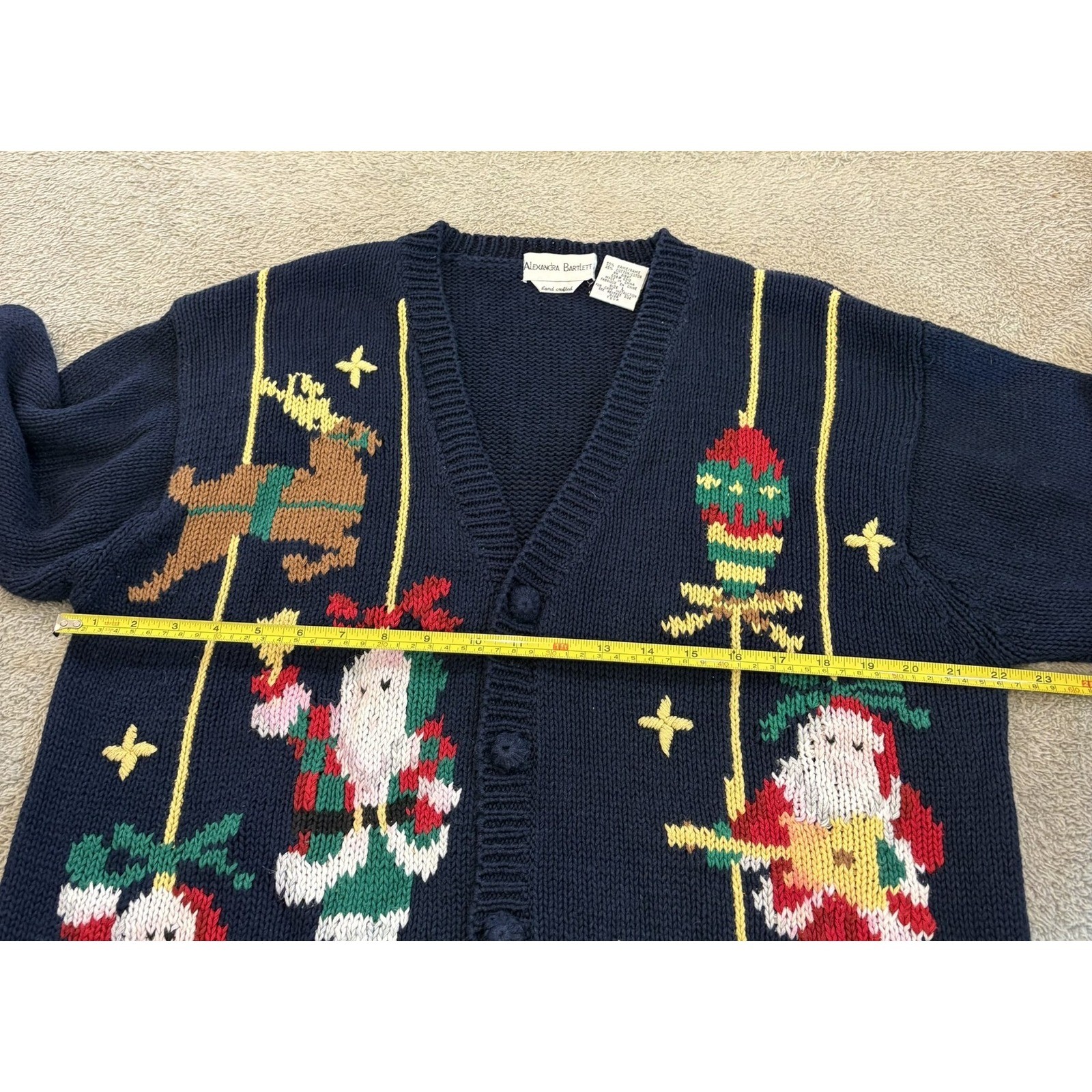 Alexandra Bartlett Vintage Navy Christmas Cardigan Santa Reindeer L Hand Made