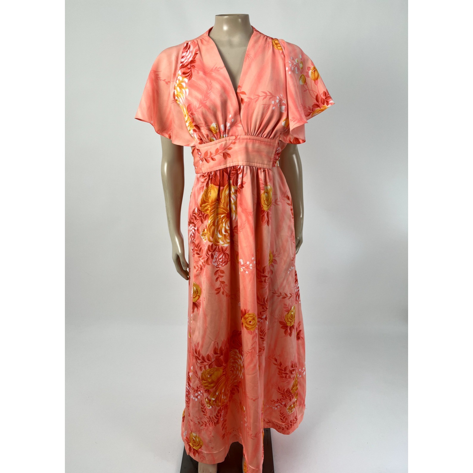 Vintage 70s Lilia Honolulu Hawaii Maxi Long Dress Flutter Sleeve Polyester G4-30