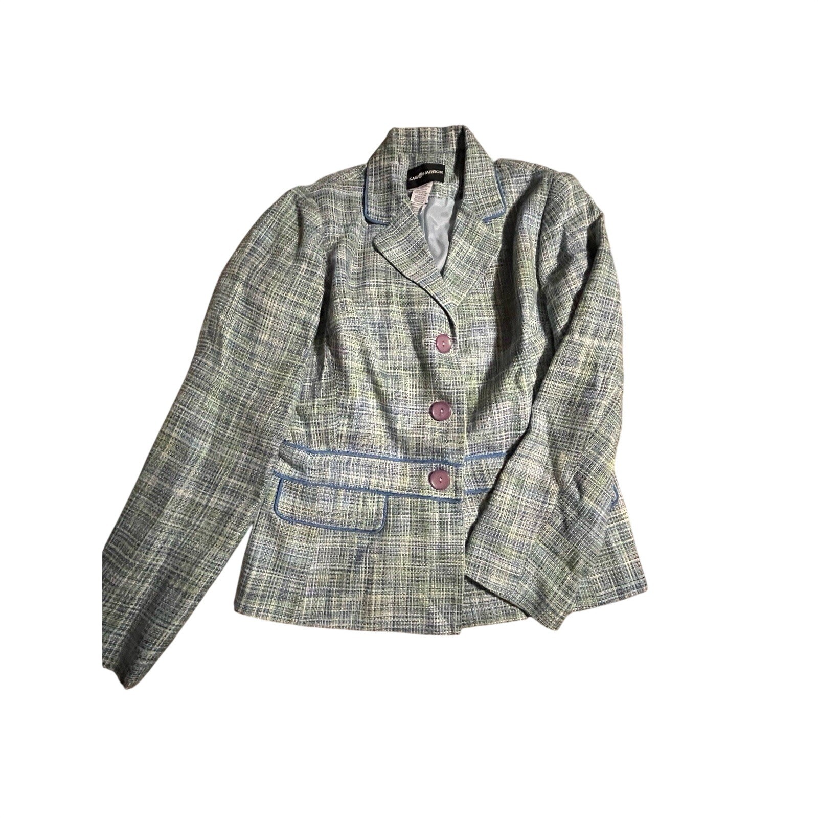Vintage Sag Harbor Women&rsquo;s Pastel Tweed Jacket Blazer Suit size 12 In blue green