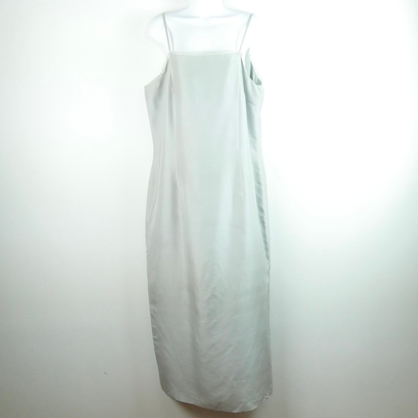 Vintage 100% Raw Silk Gray Square Neck Sheath Dress 16 90s Minimal Chic Maxi
