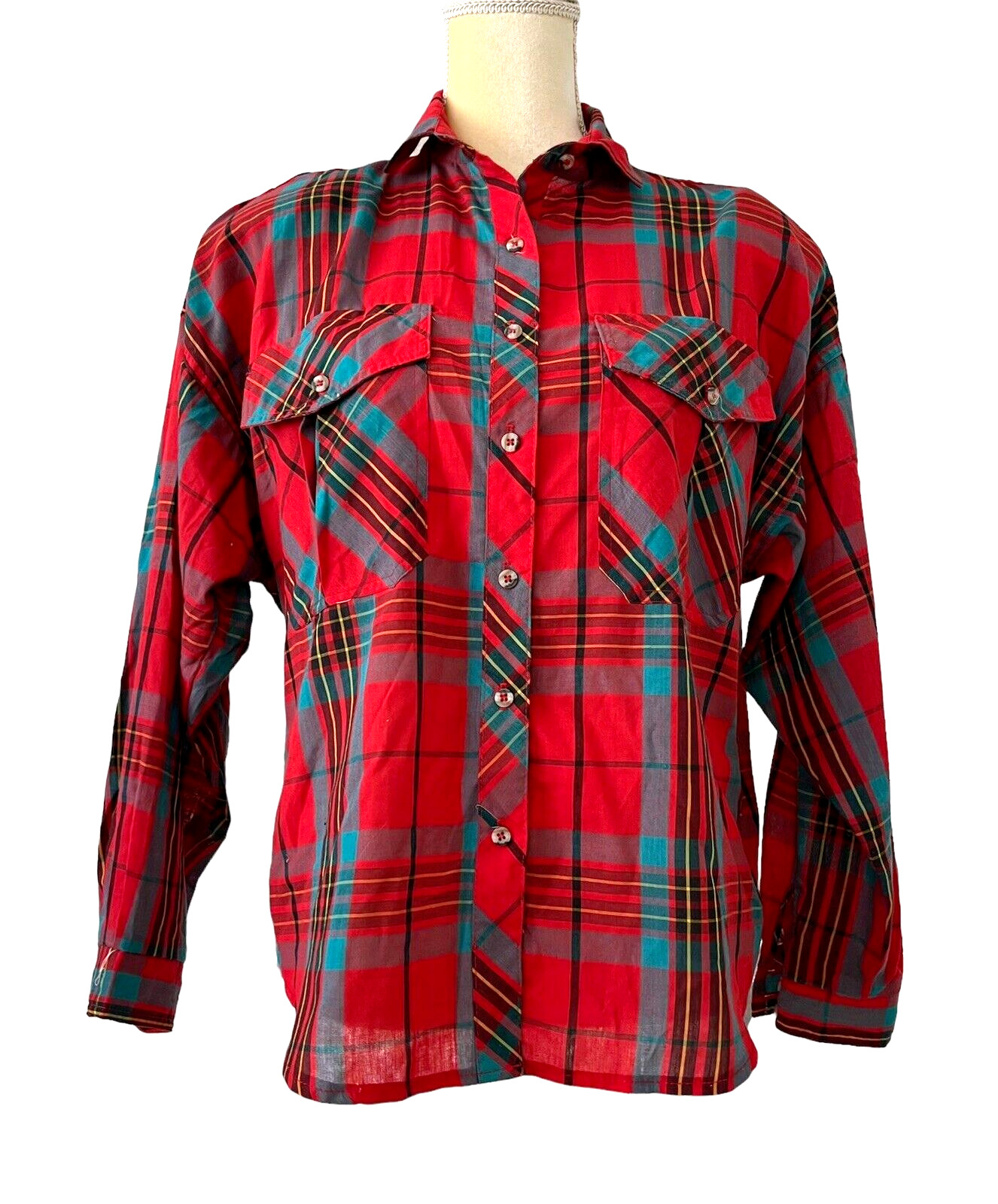 CIRCLE T by Marilyn Lenox Vtg Red Turquoise Plaid Western Button Down Shirt 9-10