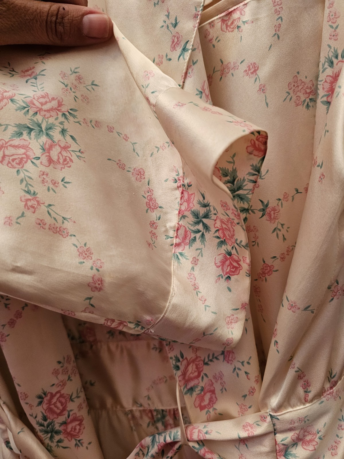 VTG Nordstrom Lingerie 100% Silk Wrap Robe Floral Cream Pink Romantic Luxury L