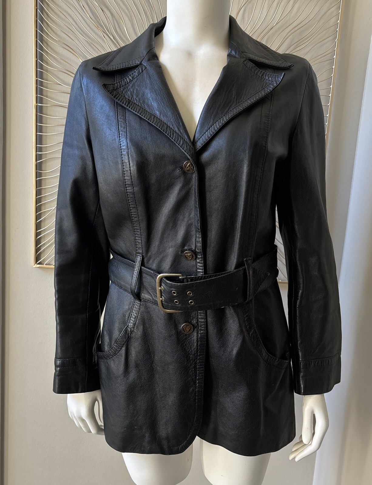 Vintage 1960s 1970s CAROL BRENT Black Leather Belted JACKET COAT Size 12