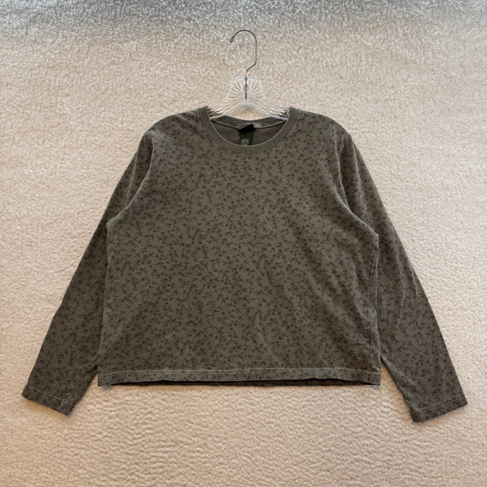 Vintage LL Bean Long Sleeve Top Shirt Medium Large Olive Green Ditsy Floral