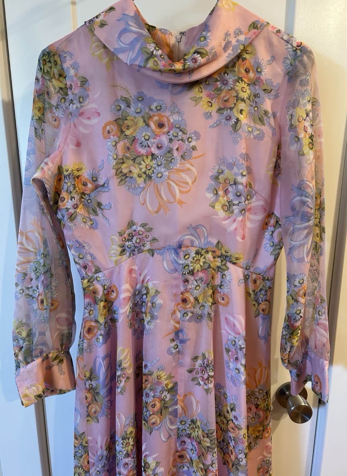 Avalon Classics Pink Floral Chiffon Maxi Dress Gown Sz 12 Cottage ILGWU Label