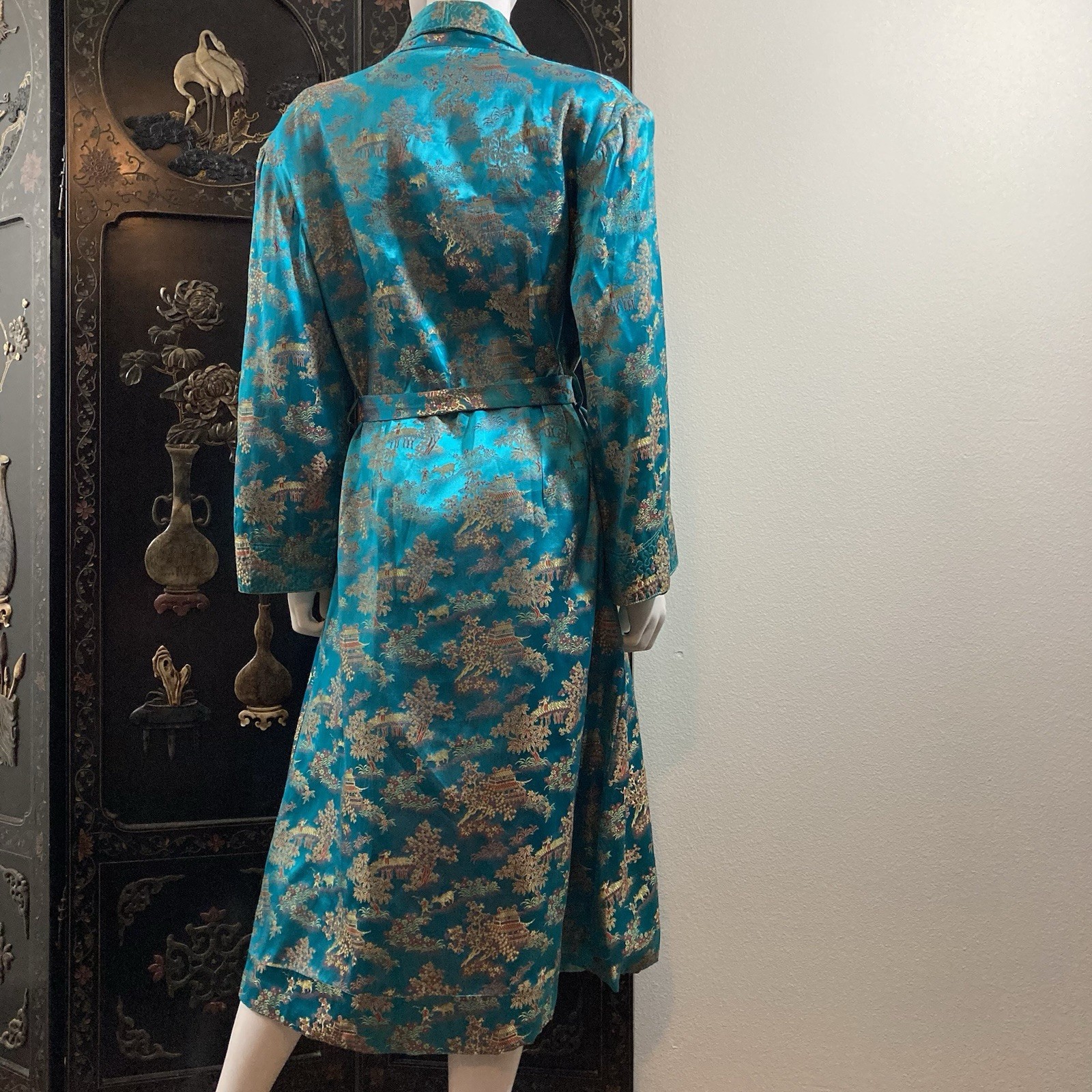 Vintage Blue Brocade Asian Robe, M. M. Comfort Wear, Made In Hong Kong
