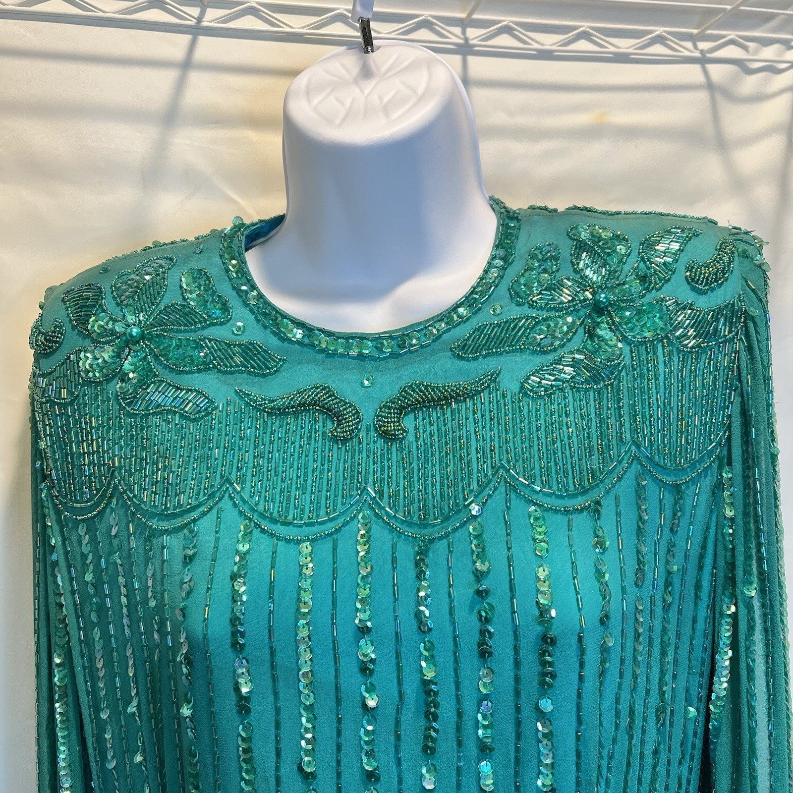 Vintge NADINE Boutique Medium Silk Hand Beaded Embellished Cocktail Dress Green