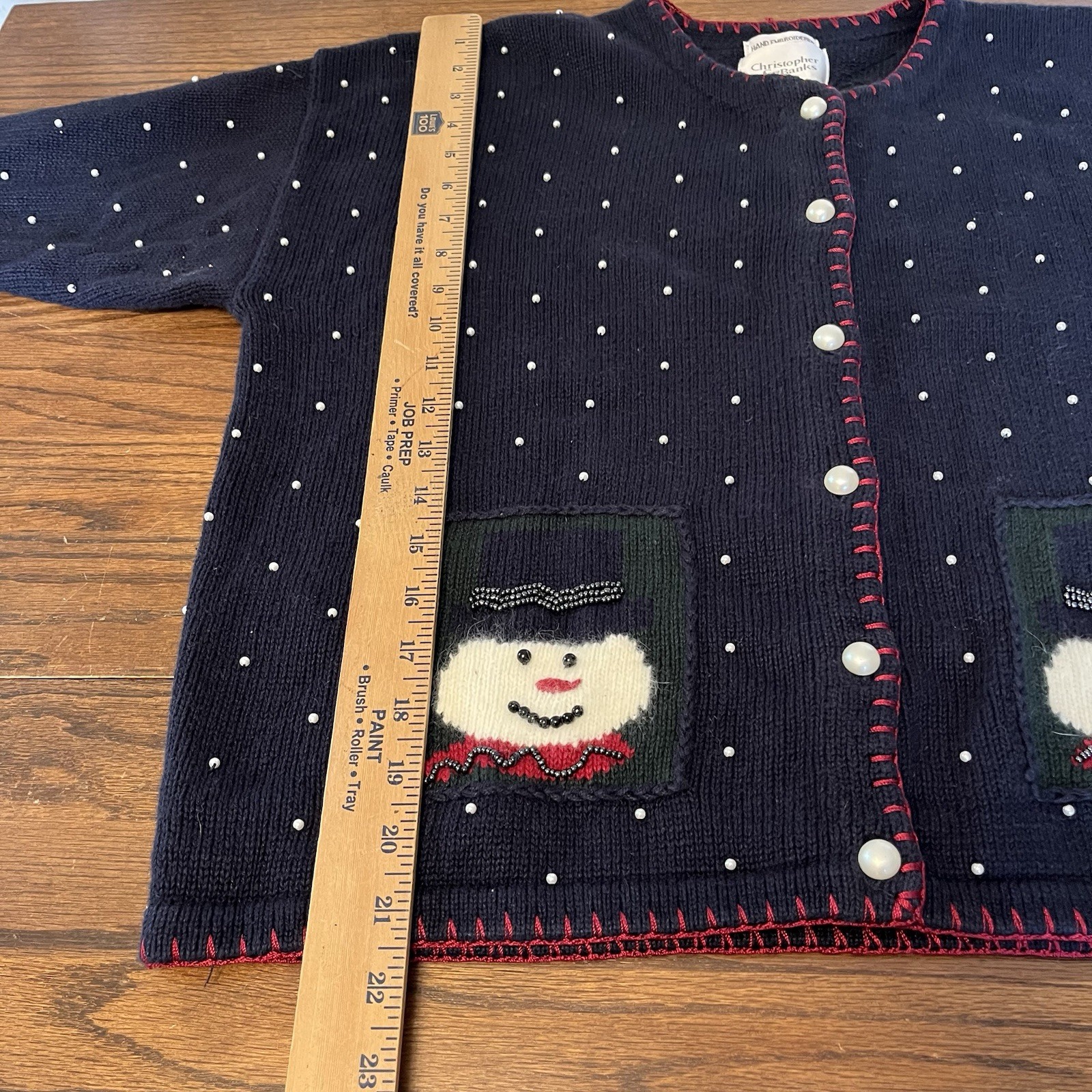 VTG Christopher & Banks Christmas Hand Embroidered Snowman Beaded Cardigan L
