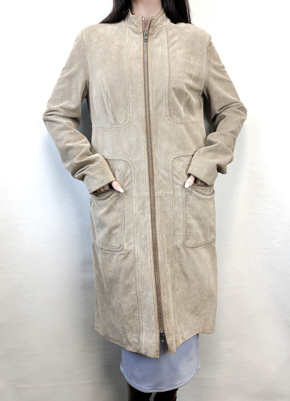 CELINE Camel Beige Genuine Suede Leather Zipper Pockets Lined Coat 6 8 VINTAGE