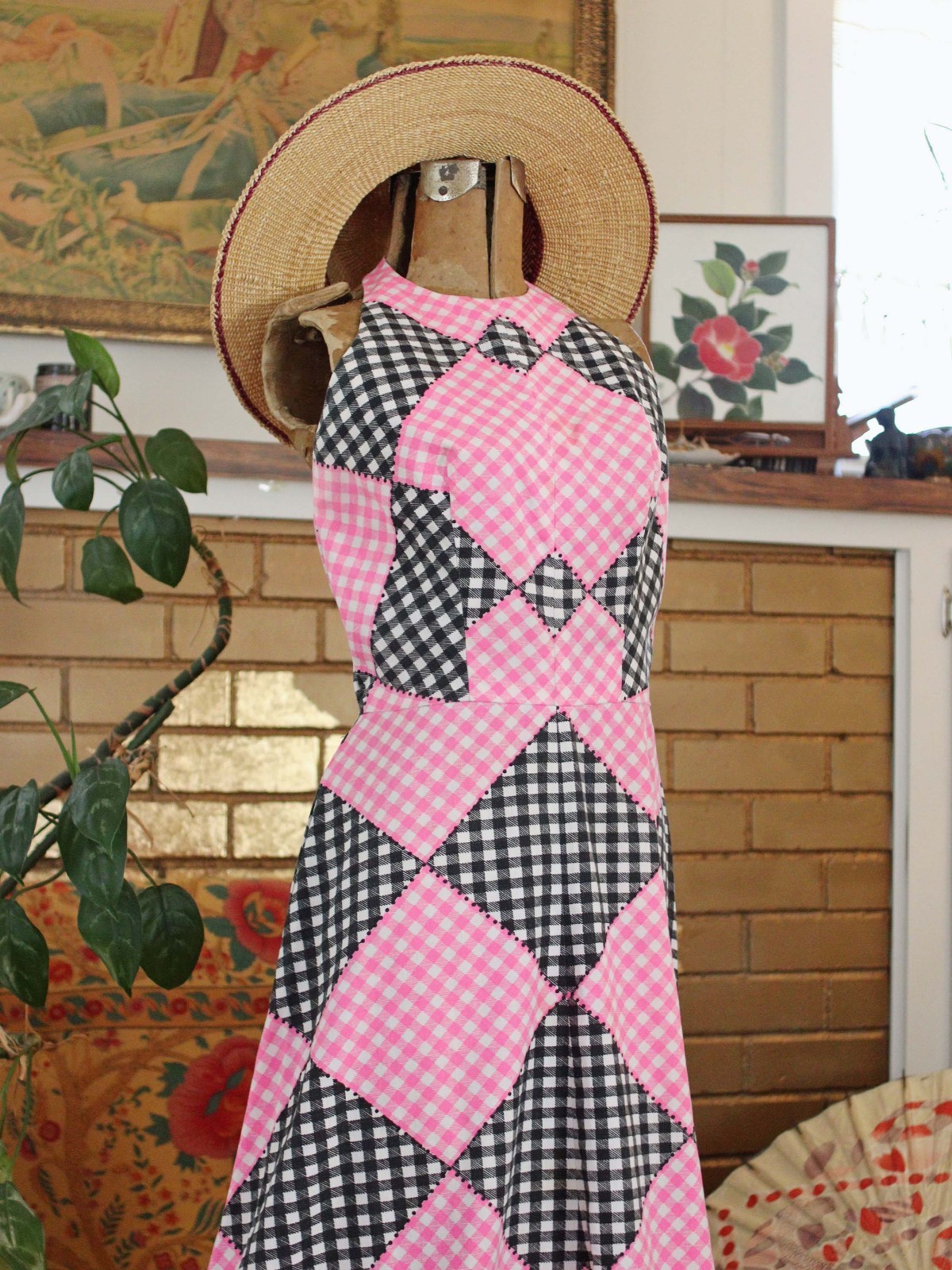 VTG 1960s Cotton Gingham Check Print Pink Black White Halter Maxi Party Dress