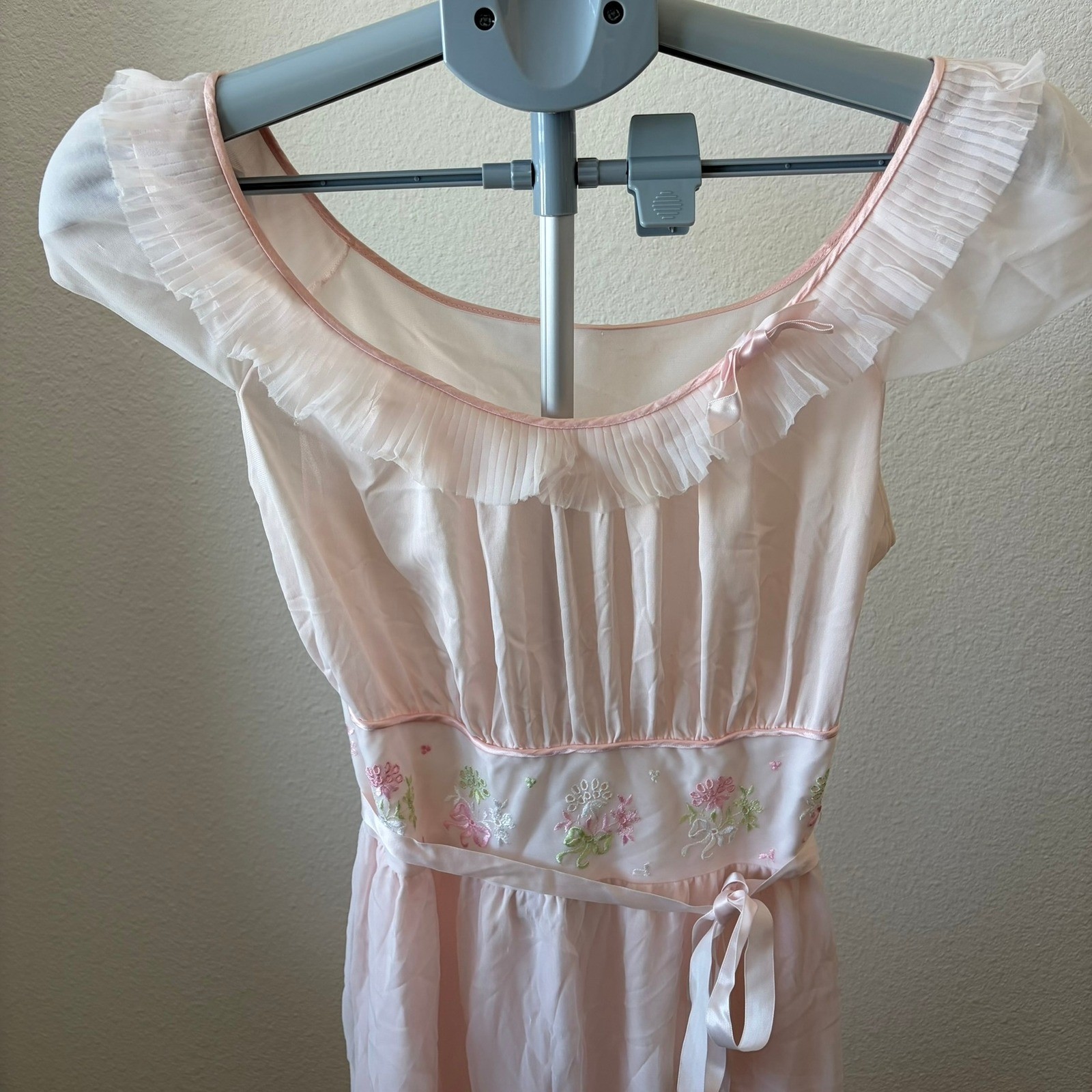 Charmode Nightgown Women 38 Pink Vintage Floral Embroidered Ruffle Sheer Sears
