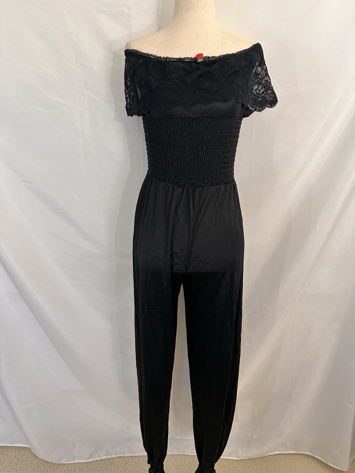 Vintage Undercover Wear Black Lace Nylon Jumpsuit Off Shoulder MEDIUM