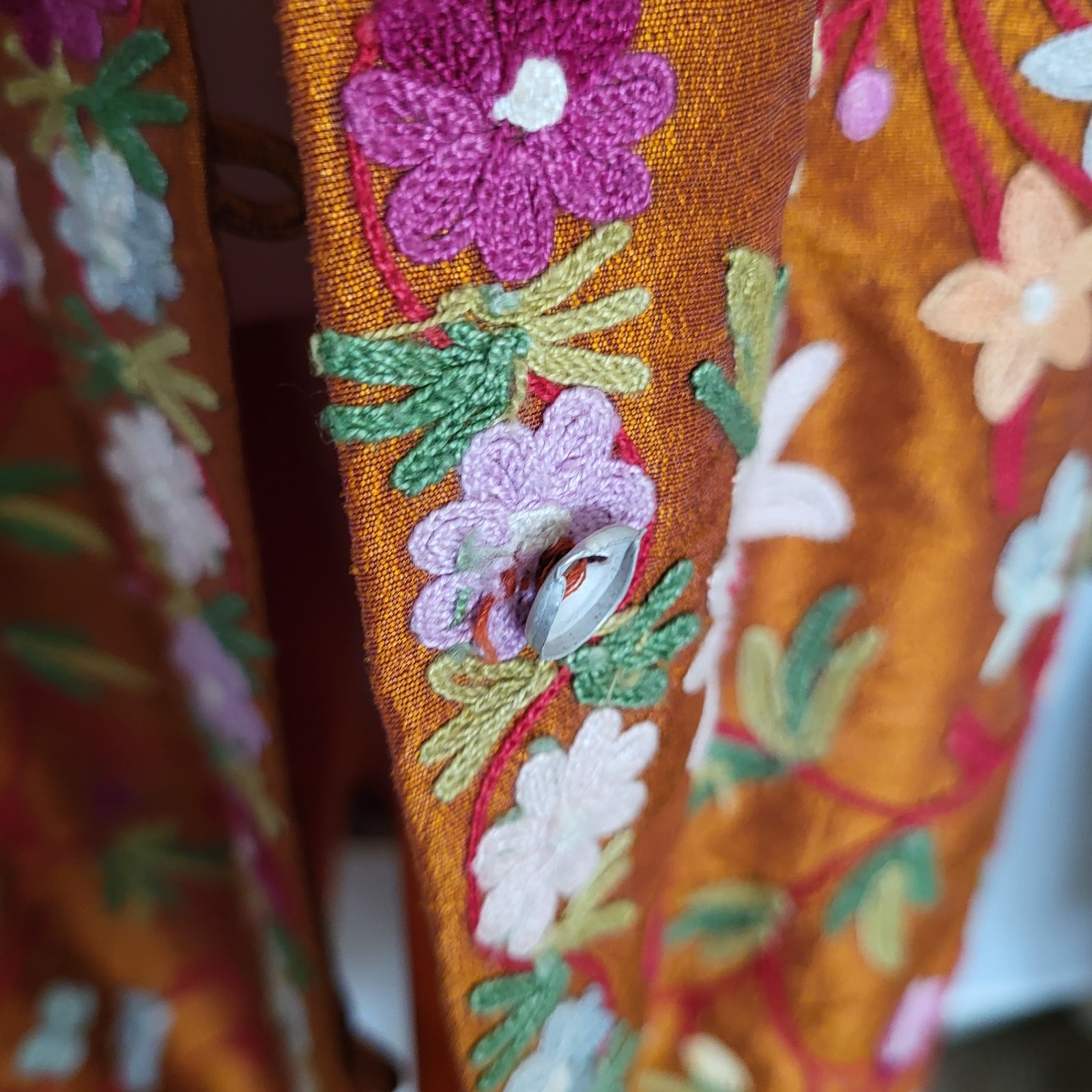Vintage Long Kashmiri Aari Crewel Embroidered Copper Silk Jacket Floral Size L
