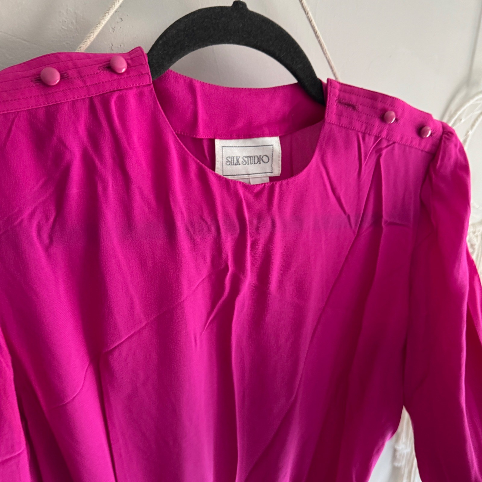 Silk Studio Vintage Fuchsia Pink 100% Silk Long Sleeve Midi Dress Size 8