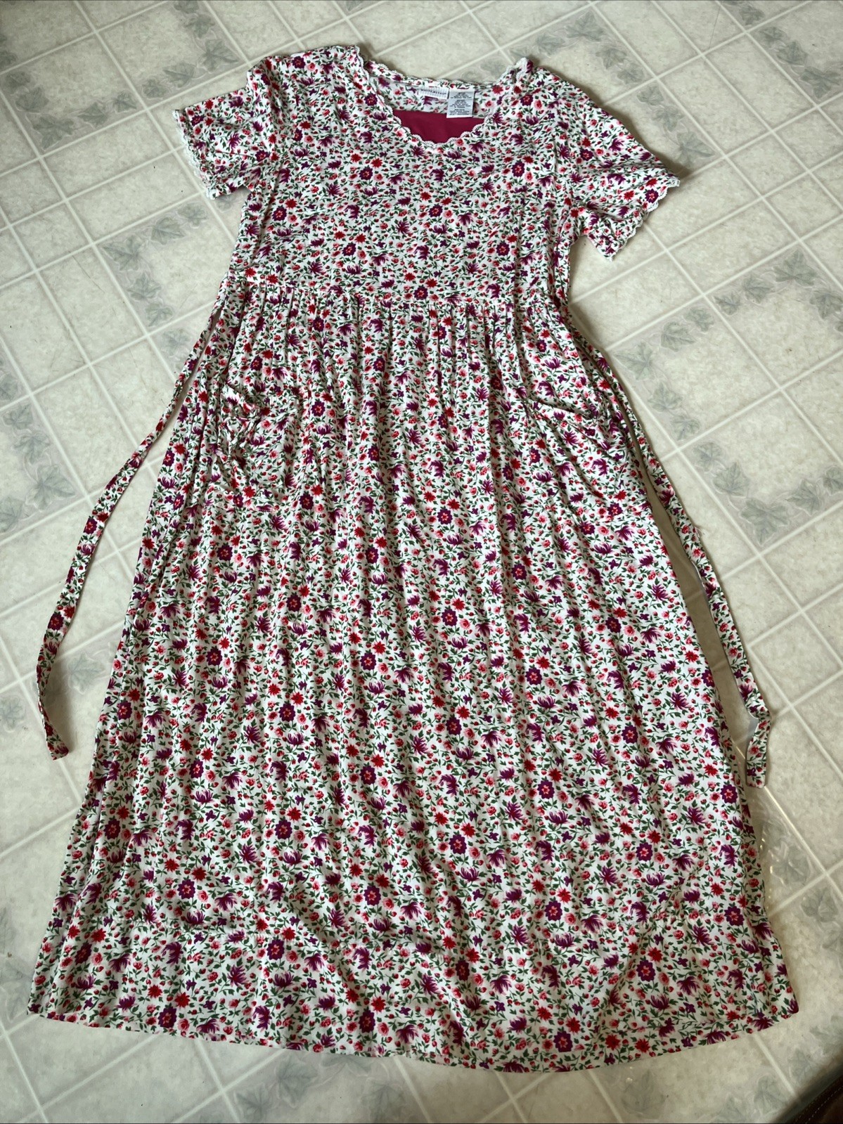 Vintage 90s White Stag High Waist Pink Floral Cotton Dress With Pockets Medium