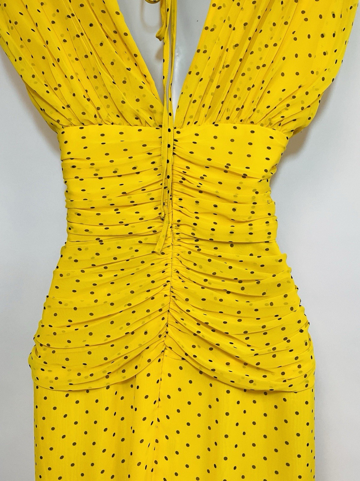 WAYNE CLARK Vtg 80s Yellow Brown Polka Dot Chiffon Draped Dress Floaty Scarf W30