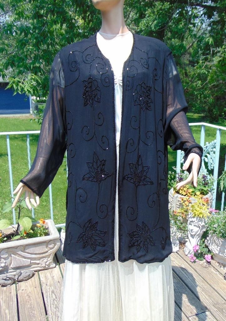 VTG 1940s Black Crepe Beaded Cocktail Evening Cover Up/Top/Jacket 46B