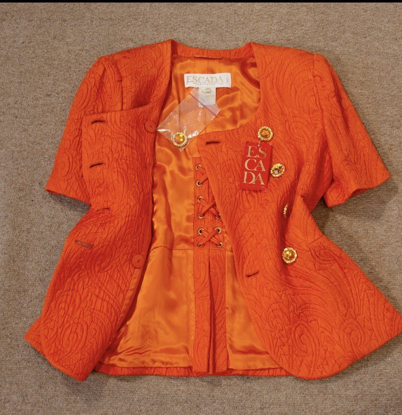 Vintage 1980s Escada Orange Wool Silk Skirt Suit Gold Button Size M UK 12